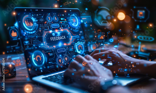 Futuristic concept showcasing importance of feedback in digital age, with hand typing on a laptop and glowing icons representing the continuous flow of feedback and communication in the online world