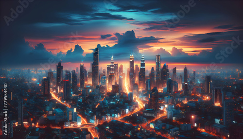 Photo real as Urban Panorama The urban skyline glows reflecting the city vibrant pulse. in nature and landscapes theme ,for advertisement and banner ,Full depth of field, high quality ,include copy sp