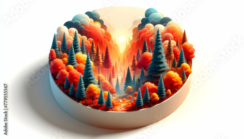 3d flat icon as Autumn Aura A forest ablaze with autumn colors in a watercolor masterpiece. in nature and landscapes theme with isolated white background ,for advertisement and banner, Full depth of f