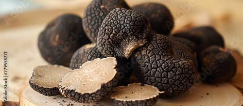 Close up of fresh black truffle. Italian cuisine ingredient food.