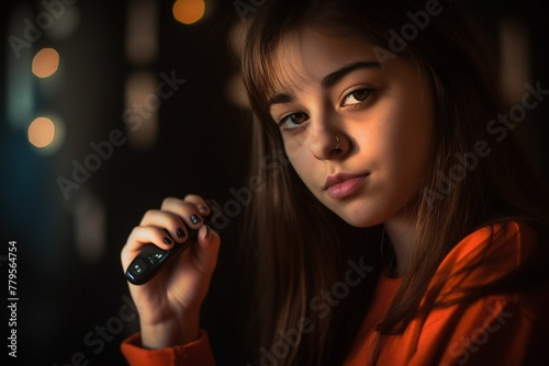 AI generated illustration of a Hispanic teen with diabetes, holding her lancet