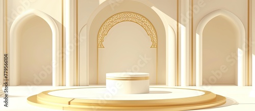 Vector illustration of a flat design Islamic podium, elegantly. Adorned with subtle Islamic motifs and accents of gold, presentations, luxurious 🕌✨ #EleganceInDesign