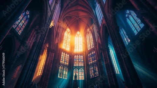 AI generated illustration of sunlit interior of an ancient Gothic cathedral