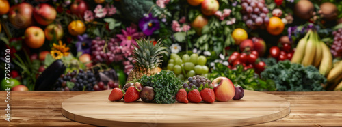 A wooden table with fruits and vegetables, surrounded by colorful flowers in the background