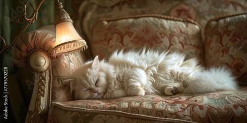 White Persian cat asleep on the sofa under a cozy lamp glow 🐱💤✨ A serene scene of feline bliss and warmth #CozyCatNap 🛋️🌟🌙