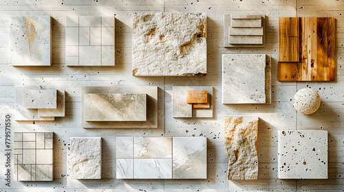 Variety of tile and stone samples displayed on a wooden board for interior design materials selection.