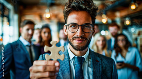 Businessman holding a puzzle piece with colleagues in the background, representing teamwork, solution-finding, or an integral part of a collective goal.