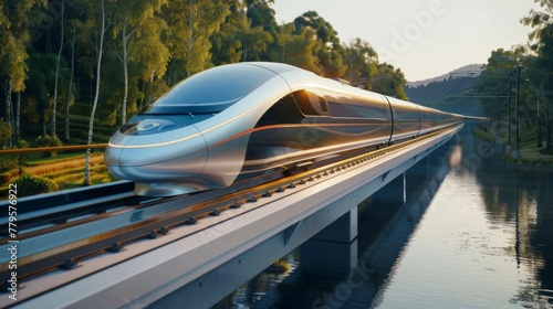 Futuristic Train Crossing River Bridge