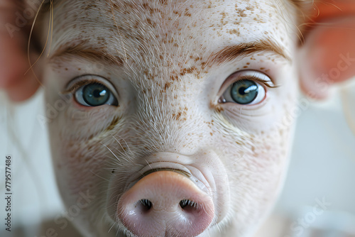 Closeup portrait of woman-pig hybrid face with pig nose and pig skin texture isolated on a white background