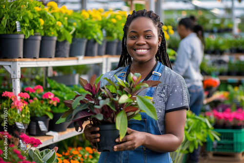 A young African gardener woman working in a large greenhouse, plant nursery or florist shop, caring for plants and serving customers.