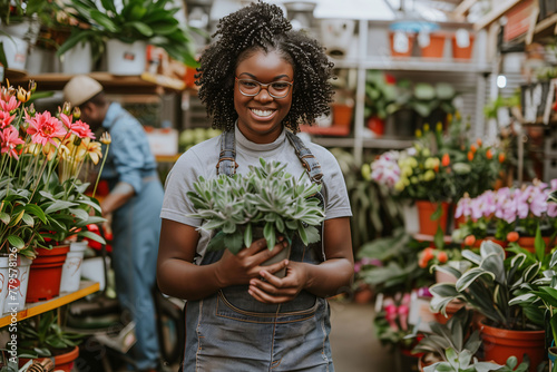 A young African gardener woman working in a large greenhouse, plant nursery or florist shop, caring for plants and serving customers.