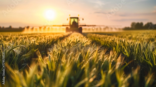 an Agricultural tractor spraying pesticide on a cornfield with beautiful sunlight