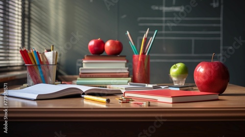 Desk with ripe apples and books, depicting the school, education concept. AI-generated.