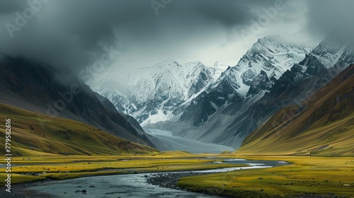 A dramatic and moody mountain landscape at high altitude, where a river winds through a lush valley - AI Generated Digital Art 