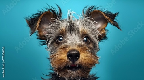 AI-generated Yorkshire Terrier standing against a blue background