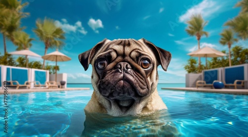 AI-generated illustration of a pug lying in an outdoor pool