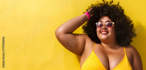Confident curvy black woman in swimsuit and sunglasses on yellow background, body positive concept