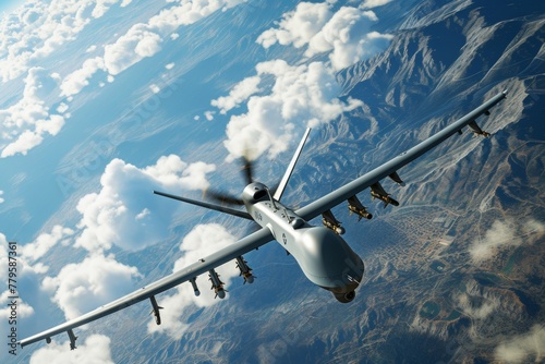 an aerial shot of the top of a military airplane flying over the ground