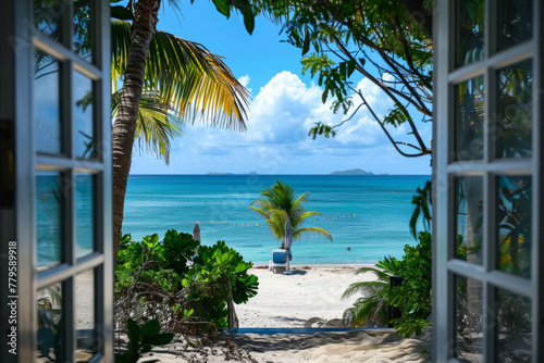 beach view from a window at a beach resort in the south pacific