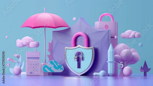 A 3D secure icon set includes a cyber protection theme with a shield, closed padlock, umbrella, and OTP password, representing safety access, insurance, and security guarantees