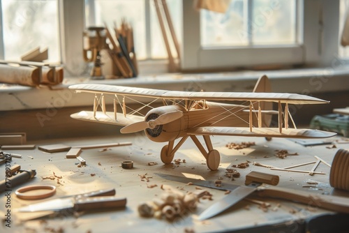 Crafting wooden model airplane with balsa wood and glue on table by window