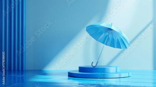 An isolated umbrella is staged on a podium against a monsoon backdrop, ideal for product placement and seasonal promotions