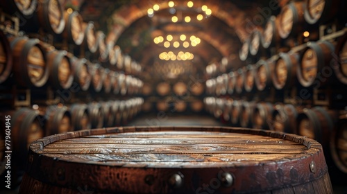 Vintage wine cellar with oak barrels