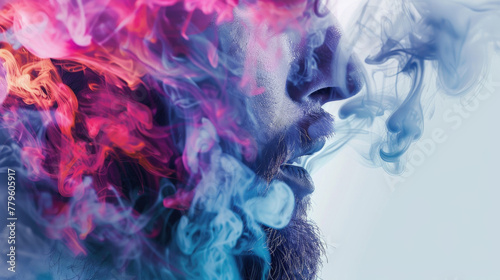 A man with a beard is emitting vibrant, colorful smoke from his face. The smoke appears to be swirling around him in a visually striking manner