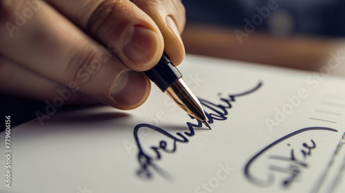 A persons hand using a fountain pen to sign a name on a white paper, denoting a sense of formality and agreement