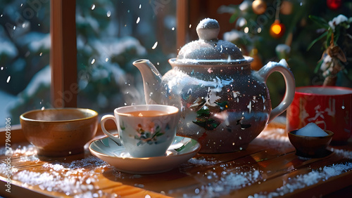 cup of tea, teapot from porcelain service. festive tableware for Christmas and New Year tea ceremony. magical atmosphere of frosty winter morning