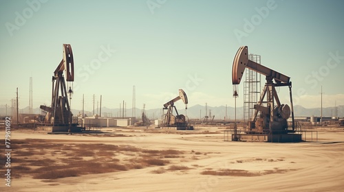 Distant photograph of working oil pumps, pumpjacks. Modern, new and clean pumps extracting raw oil.