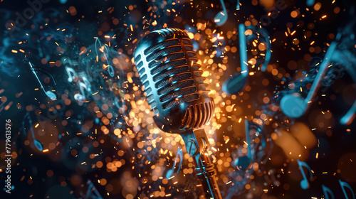 Microphone surrounded by a burst of musical notes and soundwaves. Music with glowing bokeh background, concert, karaoke or performance concept
