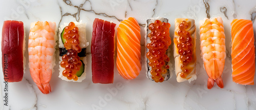 different types of sushi an a mable background