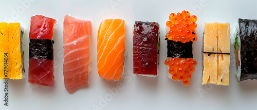 different types of sushi an a white background