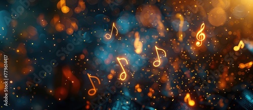 Music notes symbols on glowing blurred lights bokeh background. Concert, karaoke or performance concept banner