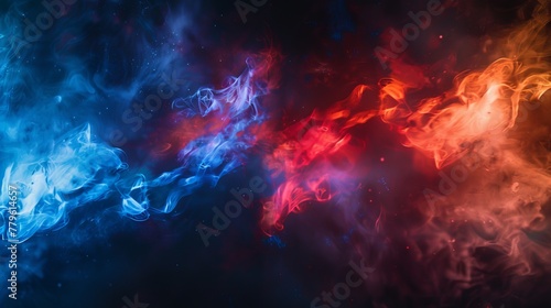 An abstract depiction of nebula smoke fire in red and blue light isolated on a black background, embodying the concept of versus, competition, and fight