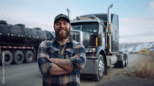 Trucker in a plaid shirt smiling with his arms crossed with his truck in the background. Transport, logistics and parcel sector.