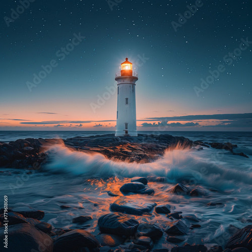 Starry night over lighthouse on rocky shore