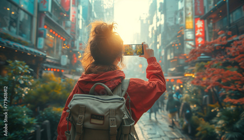 Travel blogger, woman making photo, video with smartphone walking in the city street. Back view