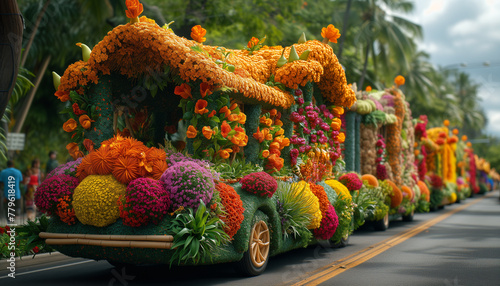 Honolulu Flower Parade. Intricate floats decorated with a rainbow of fresh flowers. Displaytion the unique aloha spirit that unites Hawai‘i’s community.