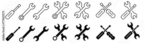 Wench icon set. Crossed wrench tool with ratchet vector icon set. Symbol and sign of mechanic job, technical, setup, setting, construction. Vector stock simple flat illustration.