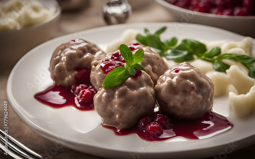Swedish meatballs, creamy sauce, lingonberry, porcelain plate, soft, diffused lighting