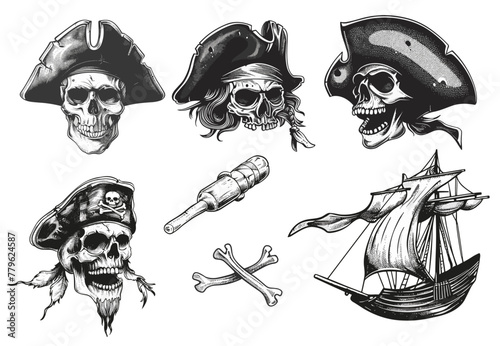 Pirate skulls vintage tattoo sketch set, funny roger mascot pirates ship sea raider skulls in hat crossbones vector illustration