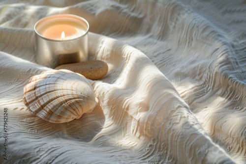 Close-up of a smooth river stone, a seashell, and a lit aromatherapy candle casting soft shadows on a textured linen cloth