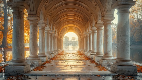 Mystical autumn colonnade at sunrise