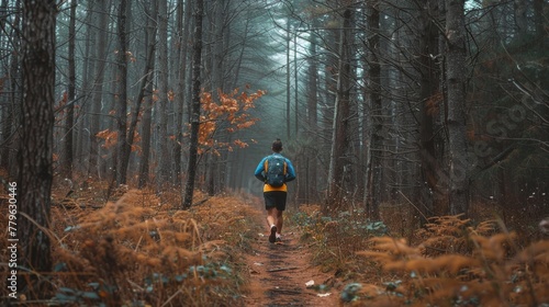 Runner navigating a trail strewn with pinecones and fallen needles in a dense pine forest