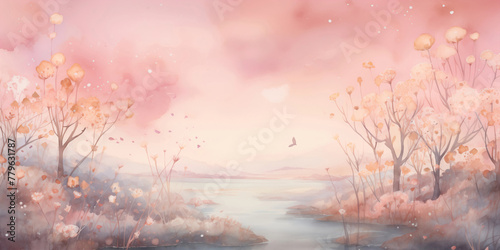 watercolor painting sunset in the forest random tones background paper simple scene dreamy