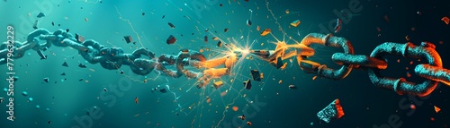 An explosive moment captured as a chain link is dramatically breaking, symbolizing release, freedom, or breakthrough.