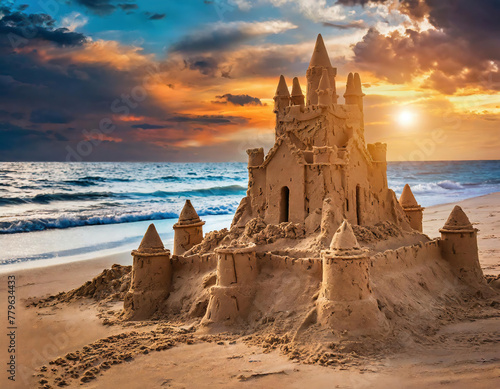 a sandcastle built at the beach at sunset