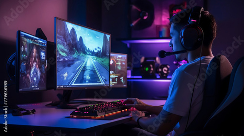 person playing video game on computer, neon lights, gaming, gamer, online game, online gaming.